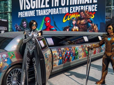 Comic-themed limousine with costumed characters and billboard