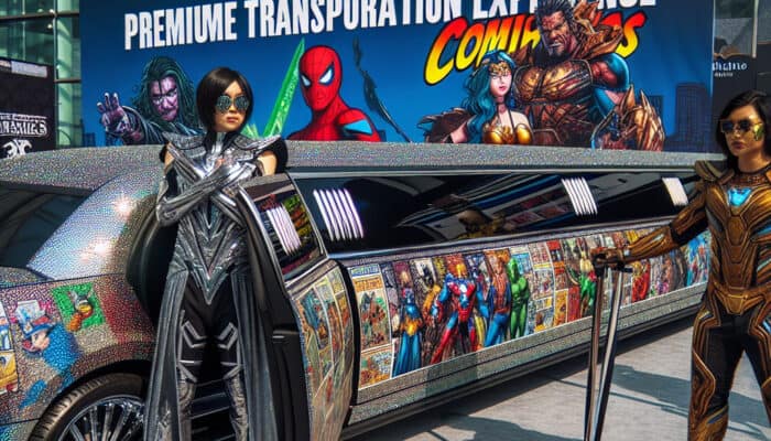 Comic-themed limousine with costumed characters and billboard