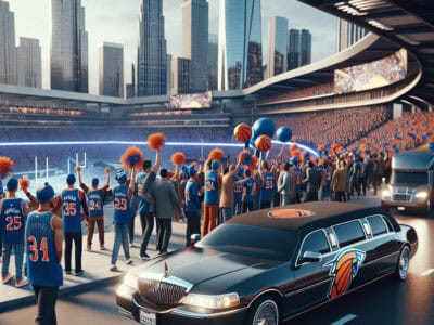 Basketball fans outside stadium with team limousine