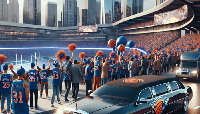 Basketball fans outside stadium with team limousine
