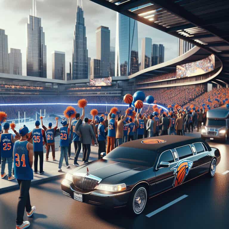 Basketball fans outside stadium with team limousine
