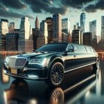 Luxury stretch limousine with city skyline at sunset
