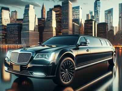 Luxury stretch limousine with city skyline at sunset