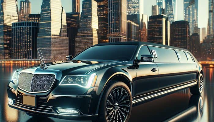 Luxury stretch limousine with city skyline at sunset