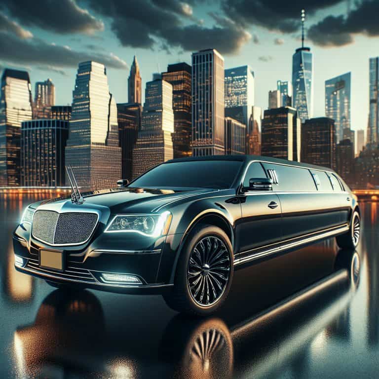Luxury stretch limousine with city skyline at sunset