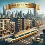 Gold limousine in city skyline with banner slogan