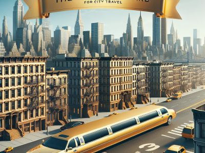 Gold limousine in city skyline with banner slogan