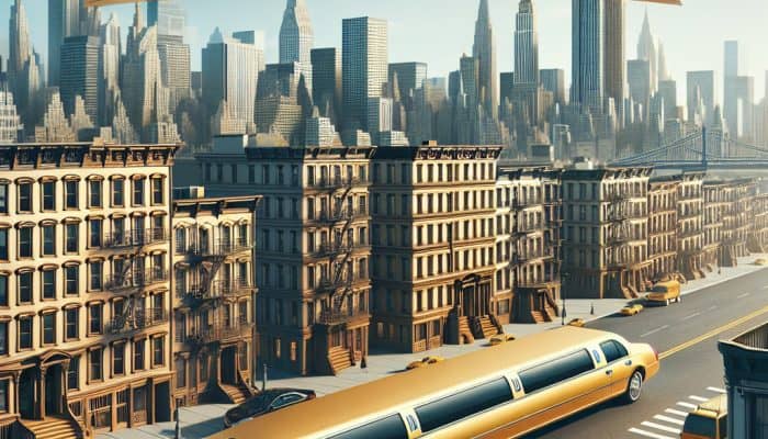 Gold limousine in city skyline with banner slogan
