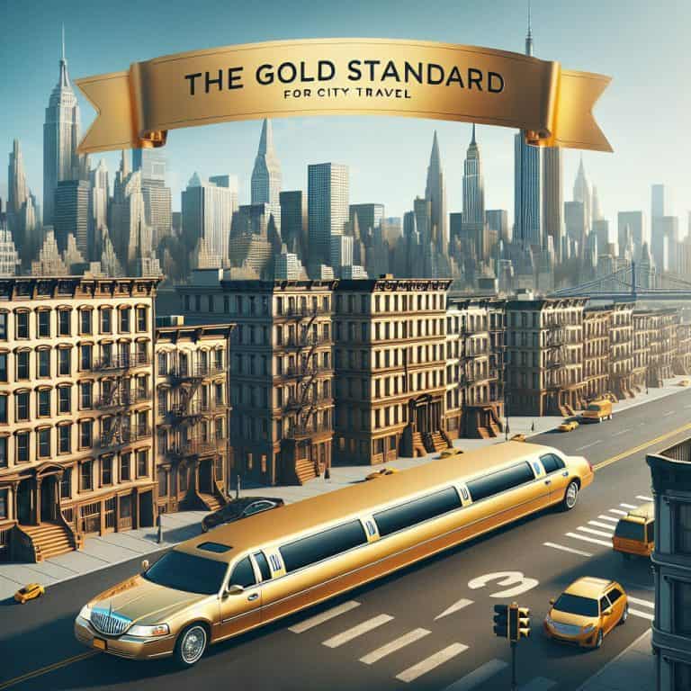 Gold limousine in city skyline with banner slogan