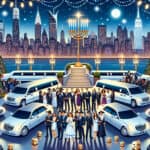 Hanukkah celebration with menorah, limousines, city skyline at night