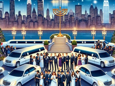 Hanukkah celebration with menorah, limousines, city skyline at night