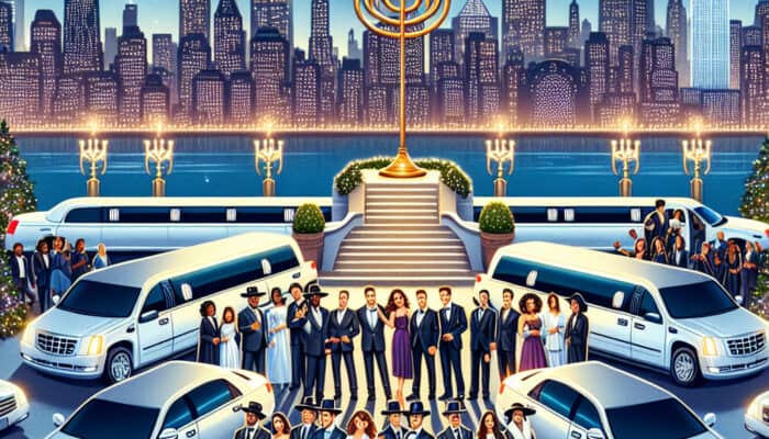 Hanukkah celebration with menorah, limousines, city skyline at night
