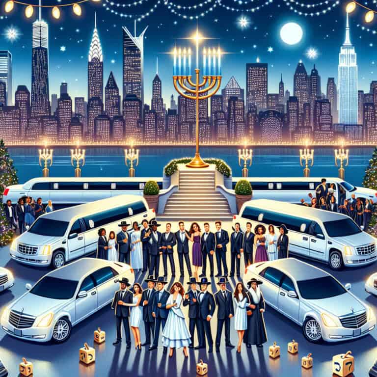 Hanukkah celebration with menorah, limousines, city skyline at night