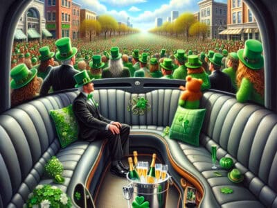 St. Patrick’s Day parade viewed from limousine interior