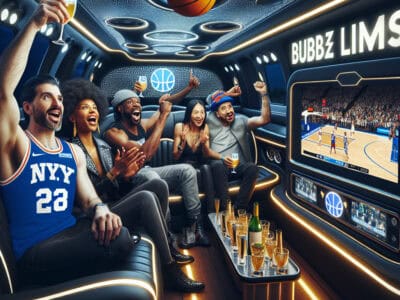 Friends cheering watching basketball game inside luxury limousine