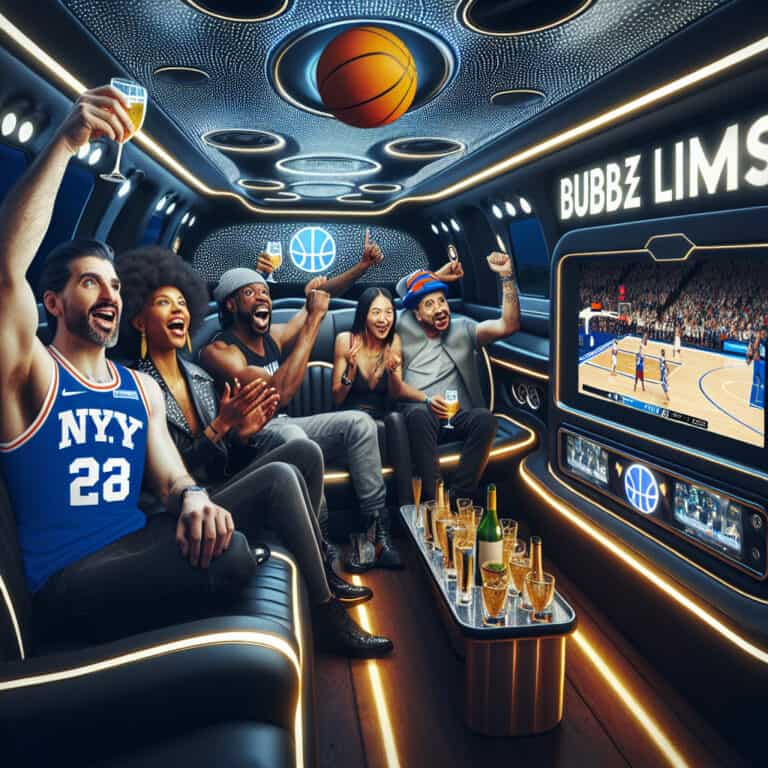 Friends cheering watching basketball game inside luxury limousine