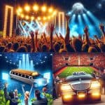 Crowded concert and sports stadium with limousines