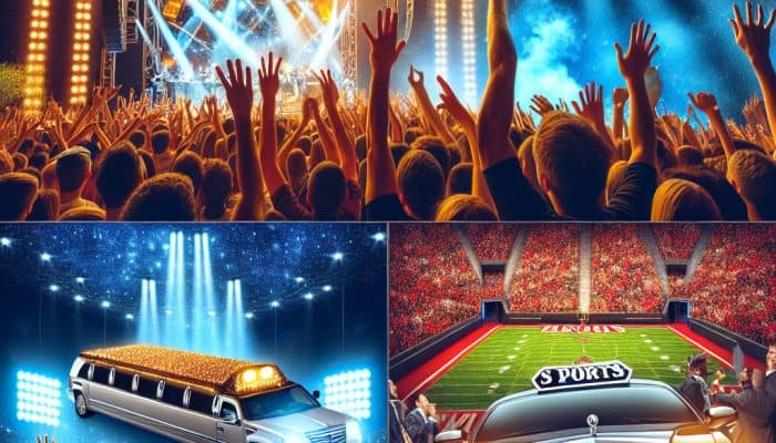 Crowded concert and sports stadium with limousines