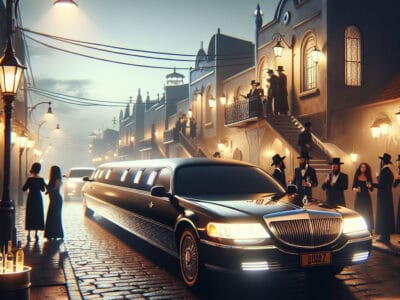 Black limousine on cobblestone street with traditionally dressed men