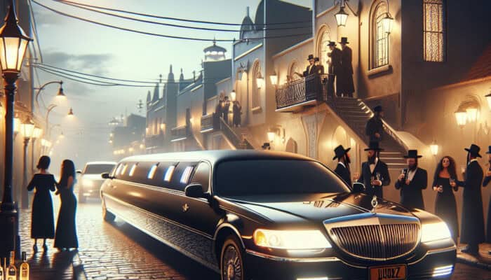 Black limousine on cobblestone street with traditionally dressed men