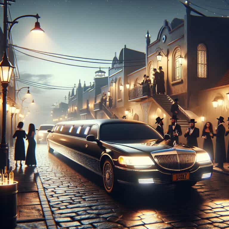 Black limousine on cobblestone street with traditionally dressed men