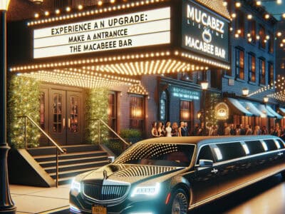 Luxury limousine outside brightly lit nightclub entrance at night