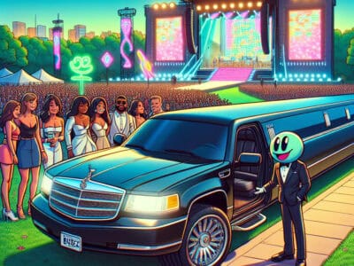Cartoon limousine arriving at outdoor music festival stage