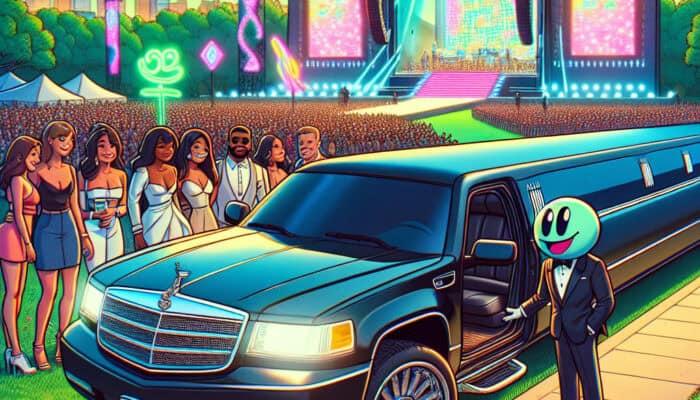 Cartoon limousine arriving at outdoor music festival stage