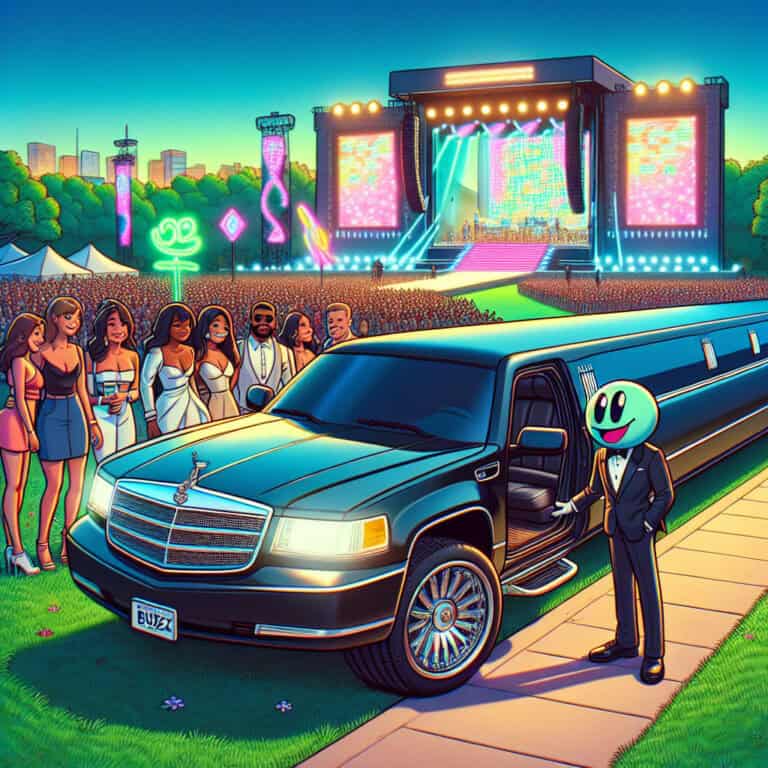 Cartoon limousine arriving at outdoor music festival stage