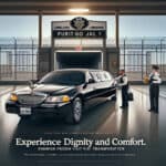 Black limousine parked at jail entrance with guards