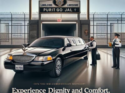 Black limousine parked at jail entrance with guards