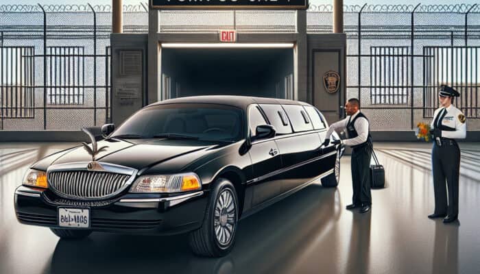 Black limousine parked at jail entrance with guards