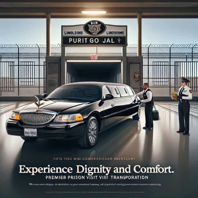 Black limousine parked at jail entrance with guards