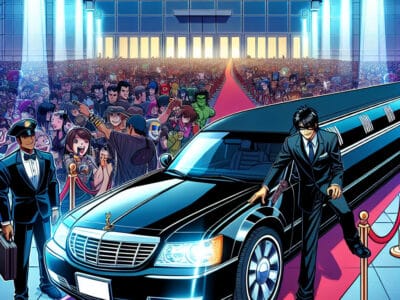Celebrity exiting limousine on red carpet premiere event