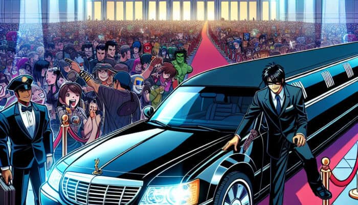 Celebrity exiting limousine on red carpet premiere event
