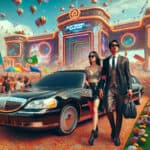 Stylish couple by limousine at vibrant festival entrance