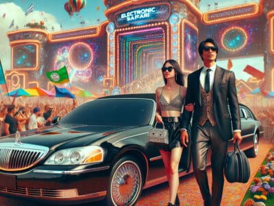 Stylish couple by limousine at vibrant festival entrance