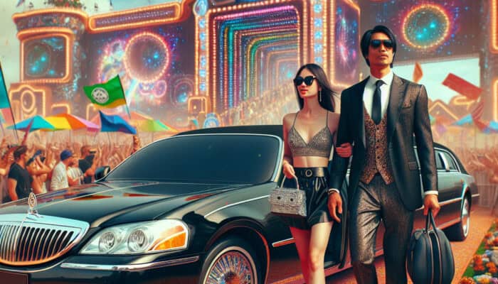 Stylish couple by limousine at vibrant festival entrance