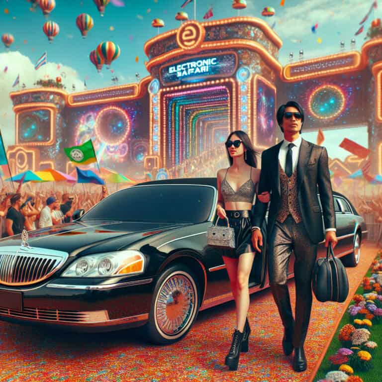 Stylish couple by limousine at vibrant festival entrance