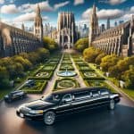 Black limousine before Gothic cathedral and formal gardens