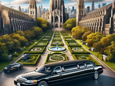 Black limousine before Gothic cathedral and formal gardens