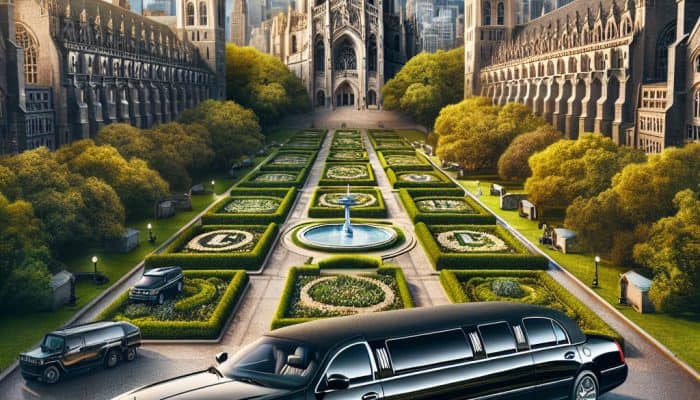 Black limousine before Gothic cathedral and formal gardens