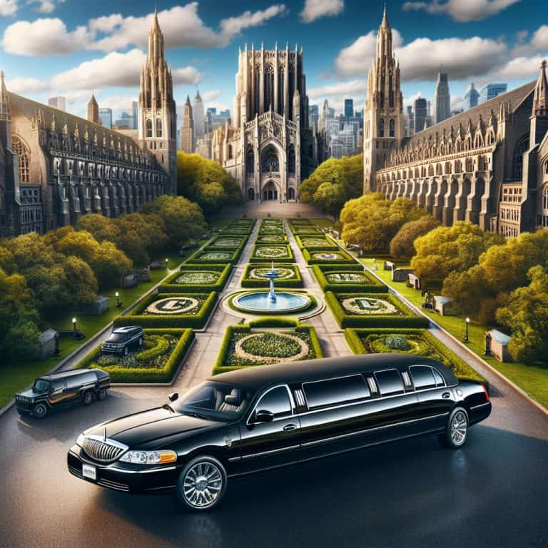Black limousine before Gothic cathedral and formal gardens