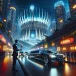 Futuristic city limousine outside illuminated grand building