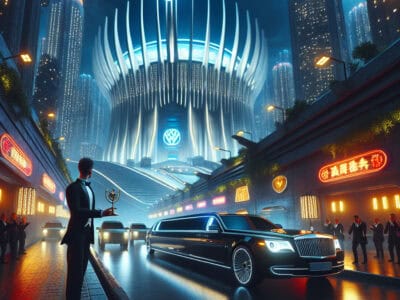 Futuristic city limousine outside illuminated grand building