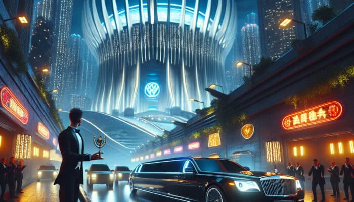 Futuristic city limousine outside illuminated grand building