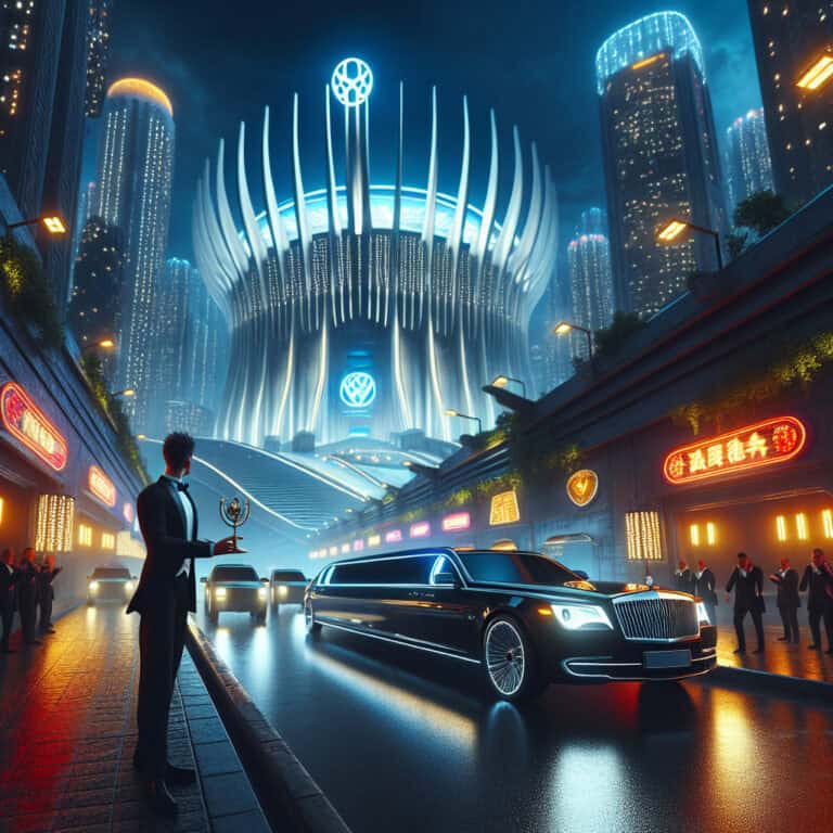 Futuristic city limousine outside illuminated grand building