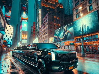 Black stretch limousine in neon-lit city at night