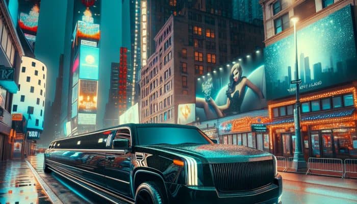 Black stretch limousine in neon-lit city at night