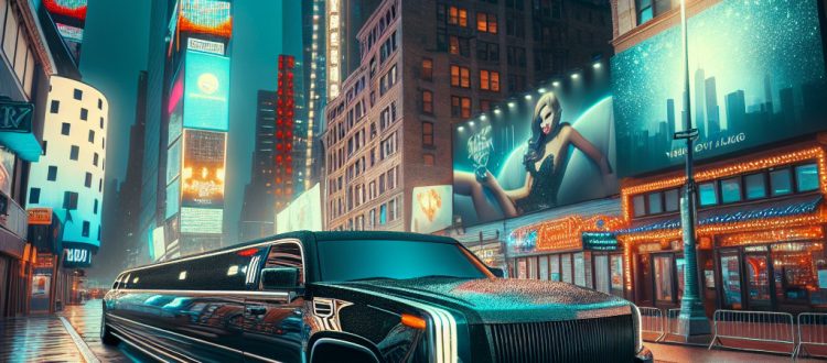 Black stretch limousine in neon-lit city at night